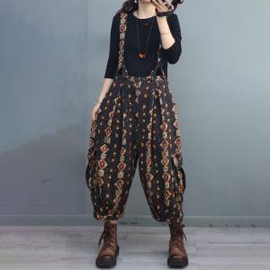 Cotton Linen Black Suspender Pants Printed Comfy Overalls