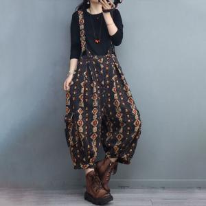 Cotton Linen Black Suspender Pants Printed Comfy Overalls