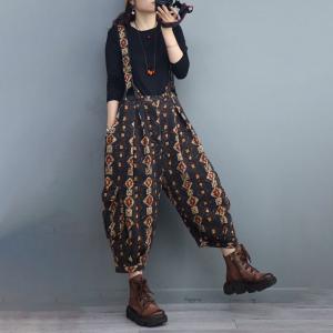 Cotton Linen Black Suspender Pants Printed Comfy Overalls