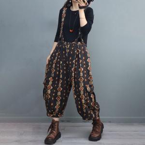 Cotton Linen Black Suspender Pants Printed Comfy Overalls