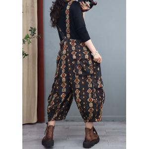 Cotton Linen Black Suspender Pants Printed Comfy Overalls