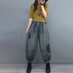 Vintage Flowers Embroidery Jeans Stone Wash Balloon Jeans