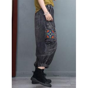 Embroidered Pocket Casual Baggy Jeans Womens 70s Jeans