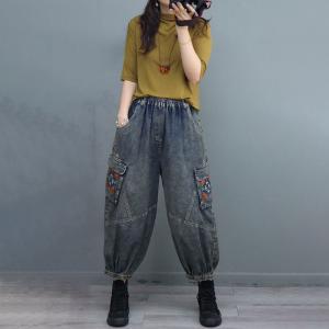 Embroidered Pocket Casual Baggy Jeans Womens 70s Jeans