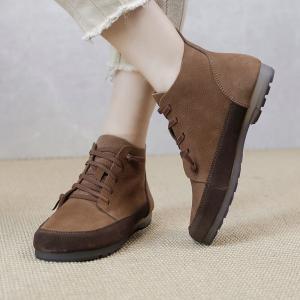 Genuine Leather Tied Ankle Boots Womens Low Heels Booties