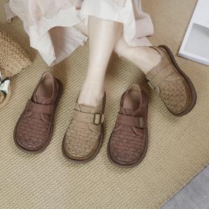 Comfy Leather Slip-On Shoes Round Toe Womens Flats