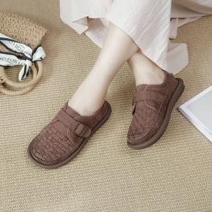 Comfy Leather Slip-On Shoes Round Toe Womens Flats