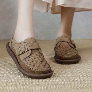 Comfy Leather Slip-On Shoes Round Toe Womens Flats