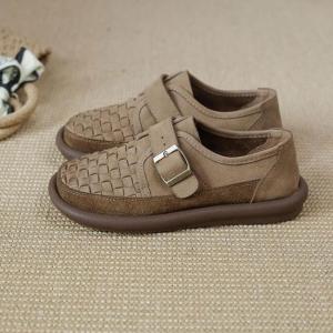 Comfy Leather Slip-On Shoes Round Toe Womens Flats