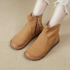 Side Zip Leather Booties Womens Round Toe Short Boots