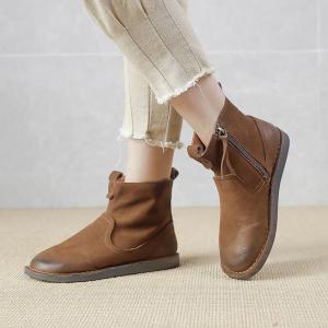 Side Zip Leather Booties Womens Round Toe Short Boots