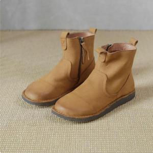 Side Zip Leather Booties Womens Round Toe Short Boots