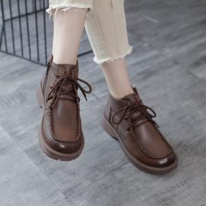 Lace-Up Low Heel Leather Boots Women Desert Boots