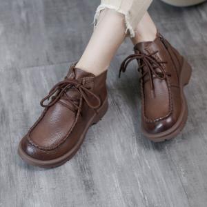 Lace-Up Low Heel Leather Boots Women Desert Boots