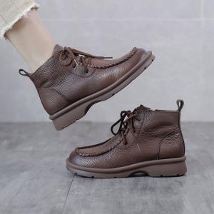 Lace-Up Low Heel Leather Boots Women Desert Boots