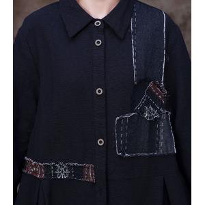 Fringed Patchwork Black Trench Coat Cotton Linen Shirt Dress