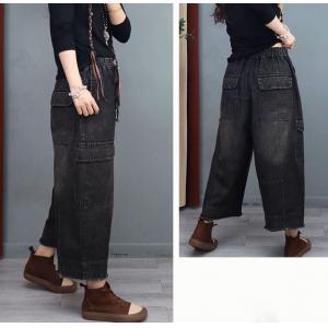 Side Pockets 90s Fringed Jeans Casual Baggy Jeans for Women