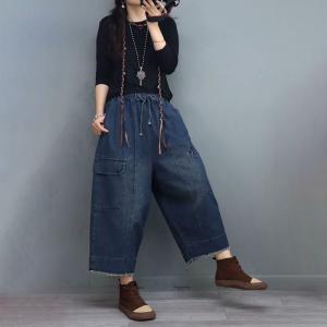 Side Pockets 90s Fringed Jeans Casual Baggy Jeans for Women