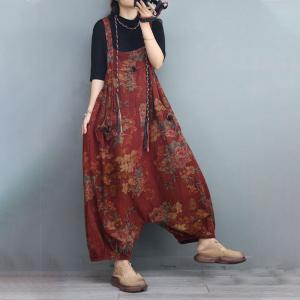 Fluffy Cotton Linen Harem Overalls Printed Plus Size Overalls