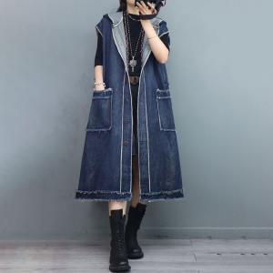 Raw Hem Front Pockets Vest Coat Fringed Hooded Long Jacket