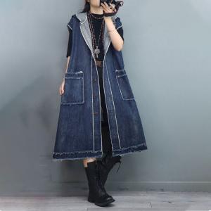 Raw Hem Front Pockets Vest Coat Fringed Hooded Long Jacket