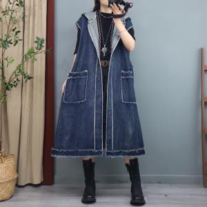 Raw Hem Front Pockets Vest Coat Fringed Hooded Long Jacket