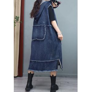 Raw Hem Front Pockets Vest Coat Fringed Hooded Long Jacket