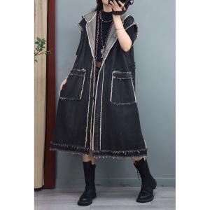 Raw Hem Front Pockets Vest Coat Fringed Hooded Long Jacket