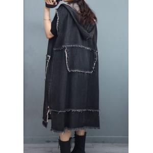 Raw Hem Front Pockets Vest Coat Fringed Hooded Long Jacket