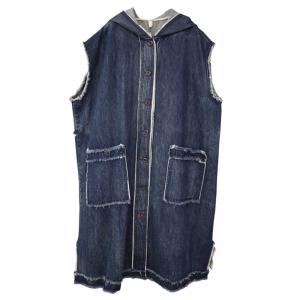 Raw Hem Front Pockets Vest Coat Fringed Hooded Long Jacket