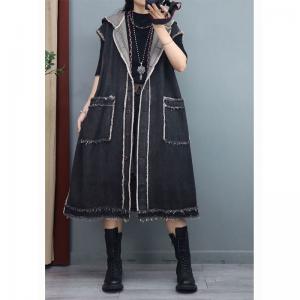 Raw Hem Front Pockets Vest Coat Fringed Hooded Long Jacket