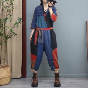 Radom Patchwork Unique Folk Jumpsuits Flax Tied Plaid Jumpsuits