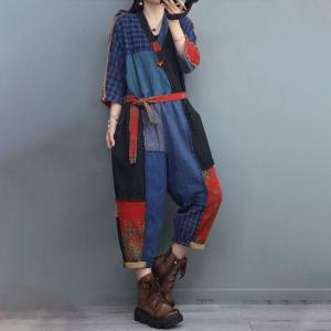 Radom Patchwork Unique Folk Jumpsuits Flax Tied Plaid Jumpsuits