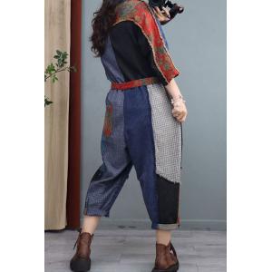 Radom Patchwork Unique Folk Jumpsuits Flax Tied Plaid Jumpsuits