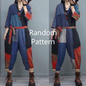 Radom Patchwork Unique Folk Jumpsuits Flax Tied Plaid Jumpsuits