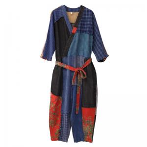 Radom Patchwork Unique Folk Jumpsuits Flax Tied Plaid Jumpsuits