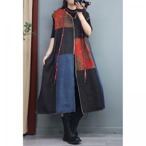 Linen Printed Patchwork Long Vest Midi Denim Vest Coat