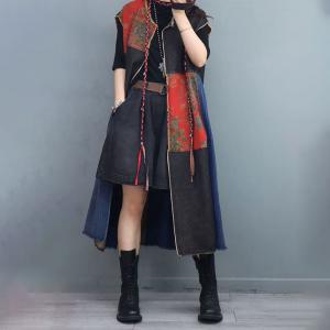 Linen Printed Patchwork Long Vest Midi Denim Vest Coat