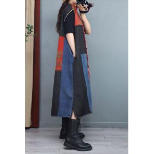 Linen Printed Patchwork Long Vest Midi Denim Vest Coat