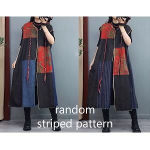 Linen Printed Patchwork Long Vest Midi Denim Vest Coat