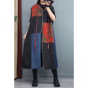 Linen Printed Patchwork Long Vest Midi Denim Vest Coat