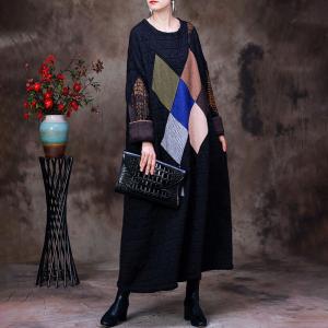 Rhombus Patchwork Black Caftan Plus Size Winter Quilted Dress