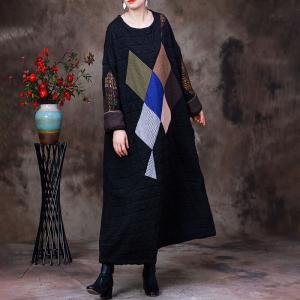 Rhombus Patchwork Black Caftan Plus Size Winter Quilted Dress