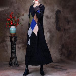 Rhombus Patchwork Black Caftan Plus Size Winter Quilted Dress