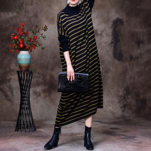 Basic Striped Jersey Dress Mock Neck Loose Knit Dress
