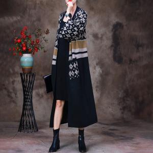 Graphic Pattern Black Knit Cardigan Midi Elegant Outerwear