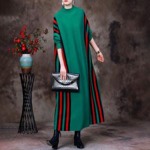 Color Contrasted Striped Dress Basic Mock Neck Dress