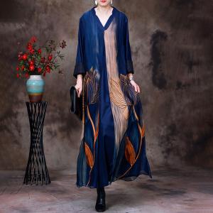 Lotus Printed Silky Flouncing Muumuu V-Neck Elegant Dress