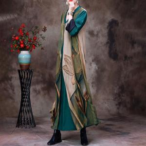 Lotus Printed Silky Flouncing Muumuu V-Neck Elegant Dress