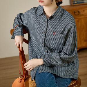 Horse Embroidery Striped Shirt Long Sleeves Cotton Ladies Shirt